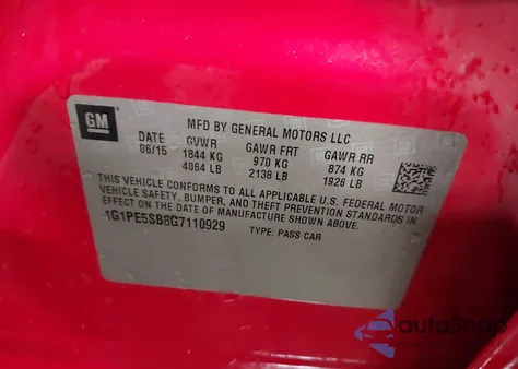 2016 Chevrolet Cruze Limited 1Lt Auto из США, поврежденный, VIN 1G1PE5SB8G7110929